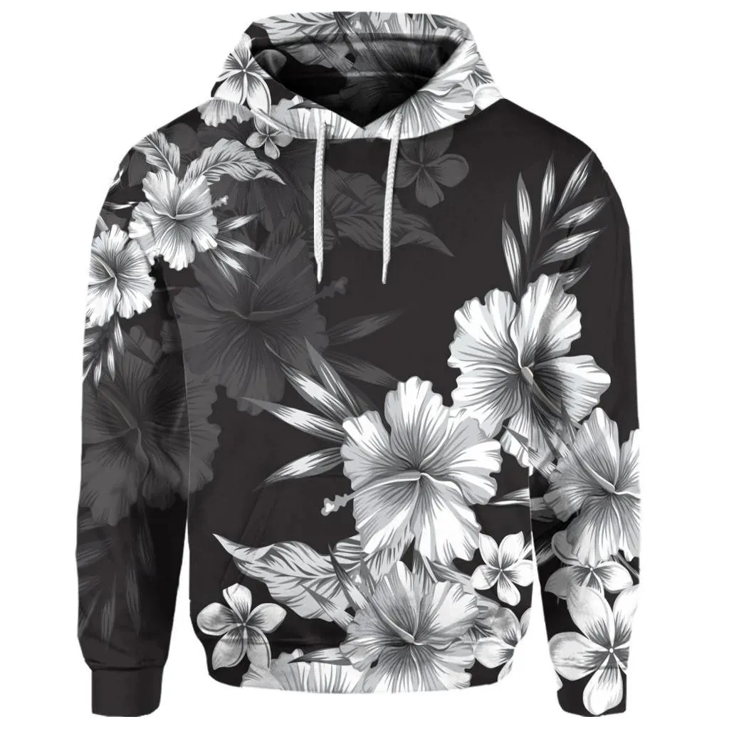 Alohawaii Hoodie - (Personalised) Hawaiian Hibiscus Black And White Polynesian Hoodie - AH - JR