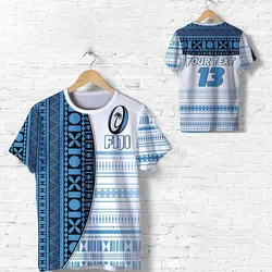 (Custom Personalised) Fiji Rugby T Shirt Impressive Version Blue - Custom Text And Number