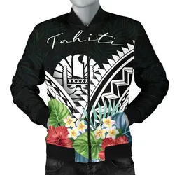 Tahiti Bomber Jacket - Tahiti Caledonia Coat of Arms & Polynesian Tropical Flowers White