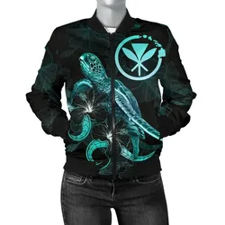 Hawaii Polynesian Women's Bomber Jacket - Turtle With Blooming Hibiscus Turquoise - BN22