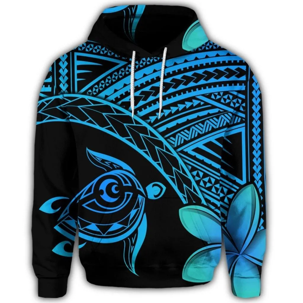 Hawaiian Turtle Plumeria Kakau Polynesian Quilt Hoodie Blue AH