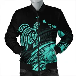 Hawaii Turtle Polynesian Map Plumeria Bomber Jacket Turquoise - AH