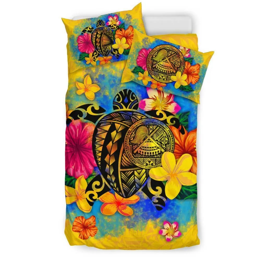 FamilyGater Bedding Set - Cover and Pillow Cases American Samoa Polynesian - Turtle with Plumeria and Hibiscus - BN15