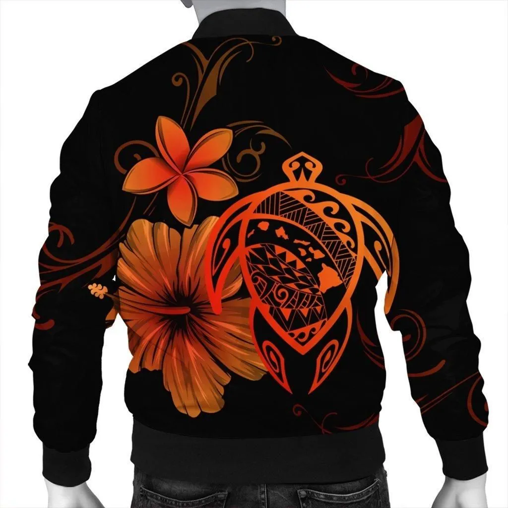 Hawaiian Map Turtle Hibiscus Plumeria Polynesian Bomber Jacket - Orange