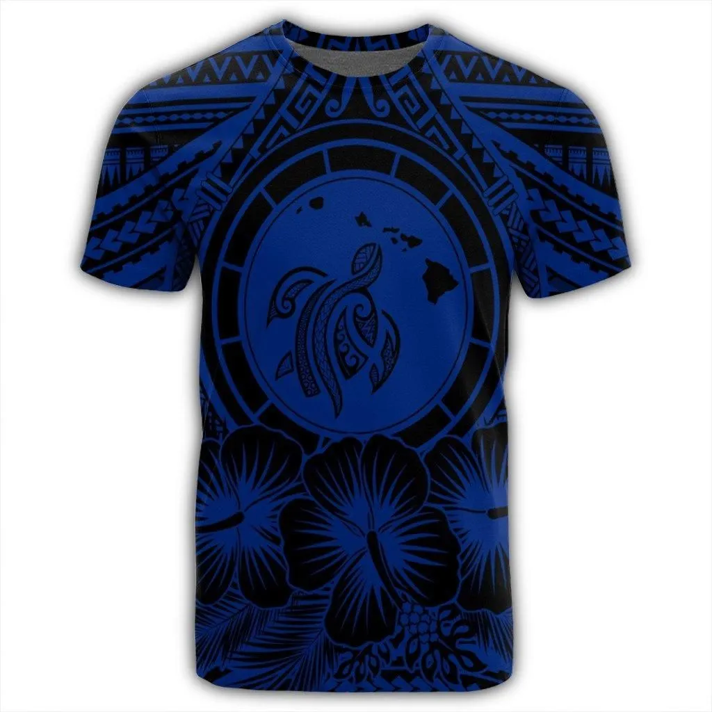 Hawaiian Map Honu Hibiscus Tropic Blue Polynesian T-Shirt - AH
