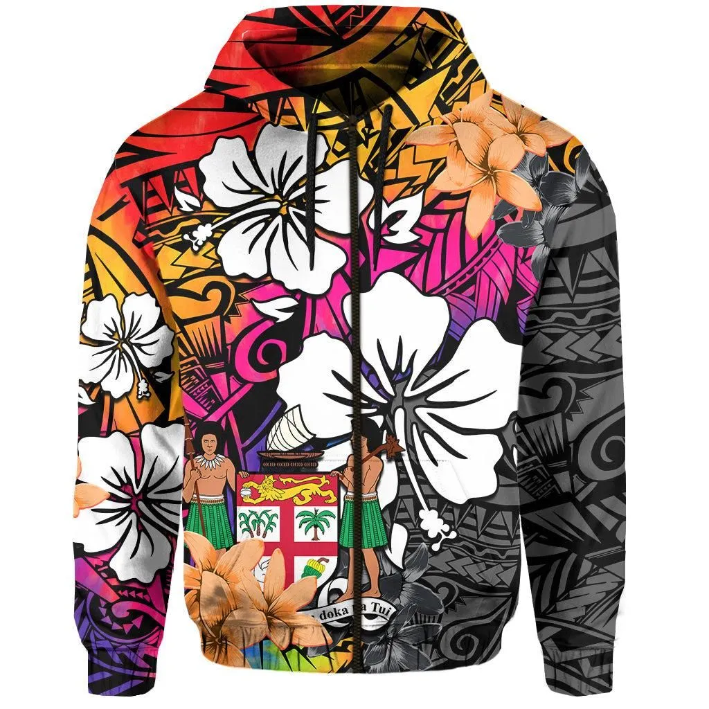 Fiji Tie Dye Hoodie Polynesian Tribal Creative Tropical Flowers LT13
