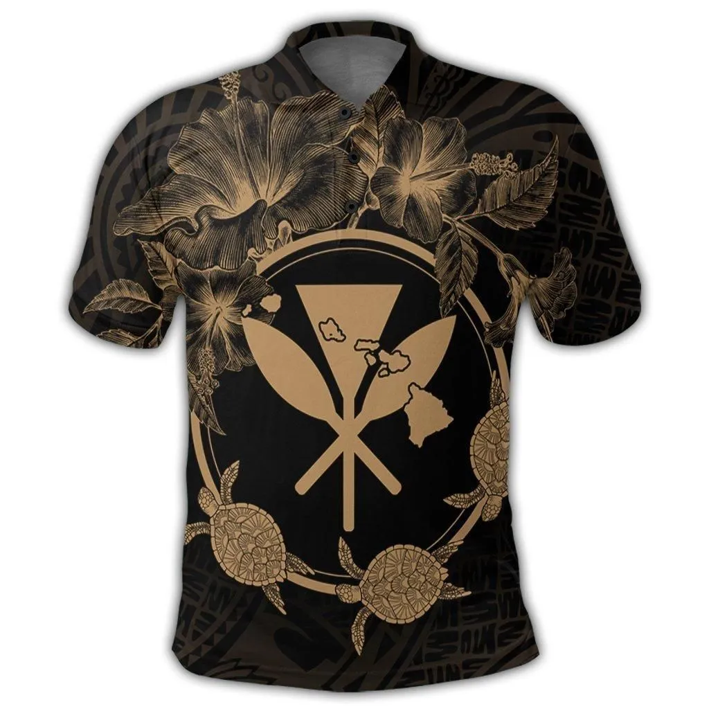 Hawaii Kanaka Turtle Hibiscus Polynesian Polo Shirt - Anthea Style Gold