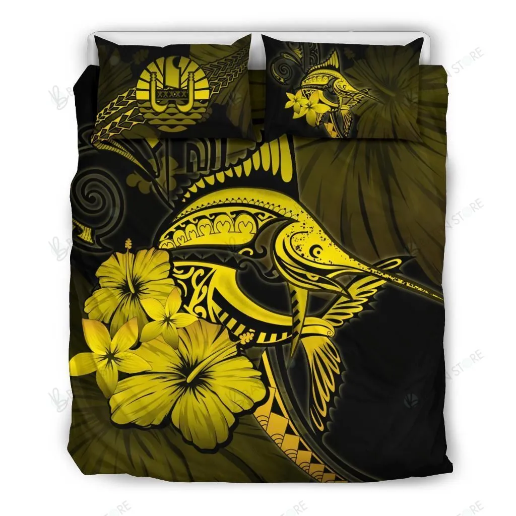 Tahiti Yellow And Black Marlin And Hibiscus Bedding Set Bedroom Decor