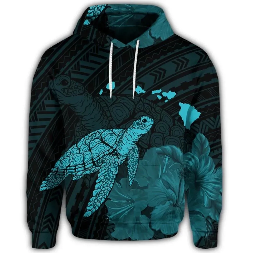 Alohawaii Hoodie - Hawaiian Polynesian Hibiscus Turtle Map Hoodie Blue - AH - J5R