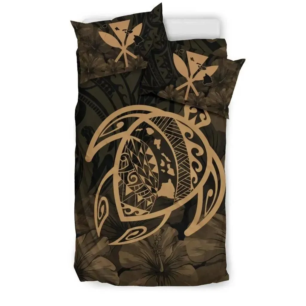 FamilyGater Bedding Set - Cover and Pillow Cases Hawaiian Map Turtle Kanaka Hibiscus Polynesian - Gold - AH J4