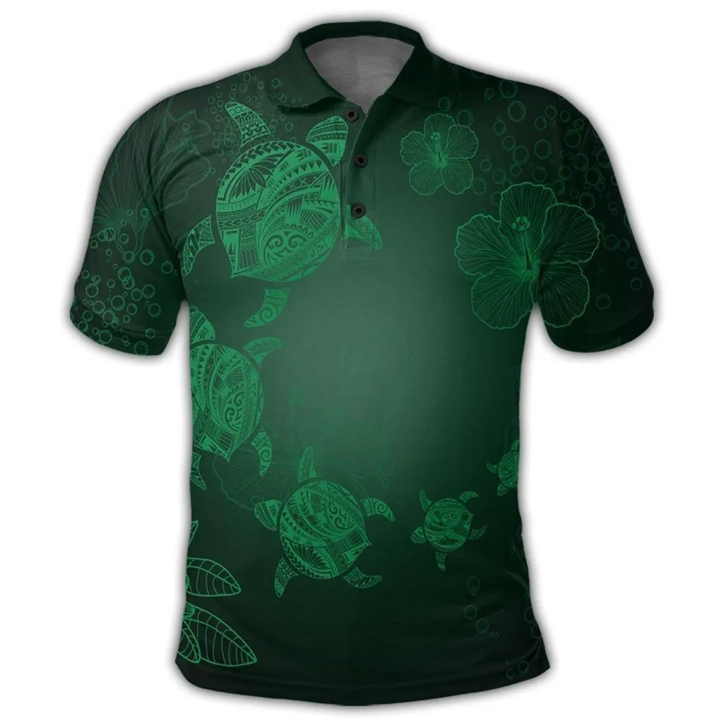 Hawaiian Plumeria Hibiscus Turtle Under Sea Polynesian Polo Shirt Green AH