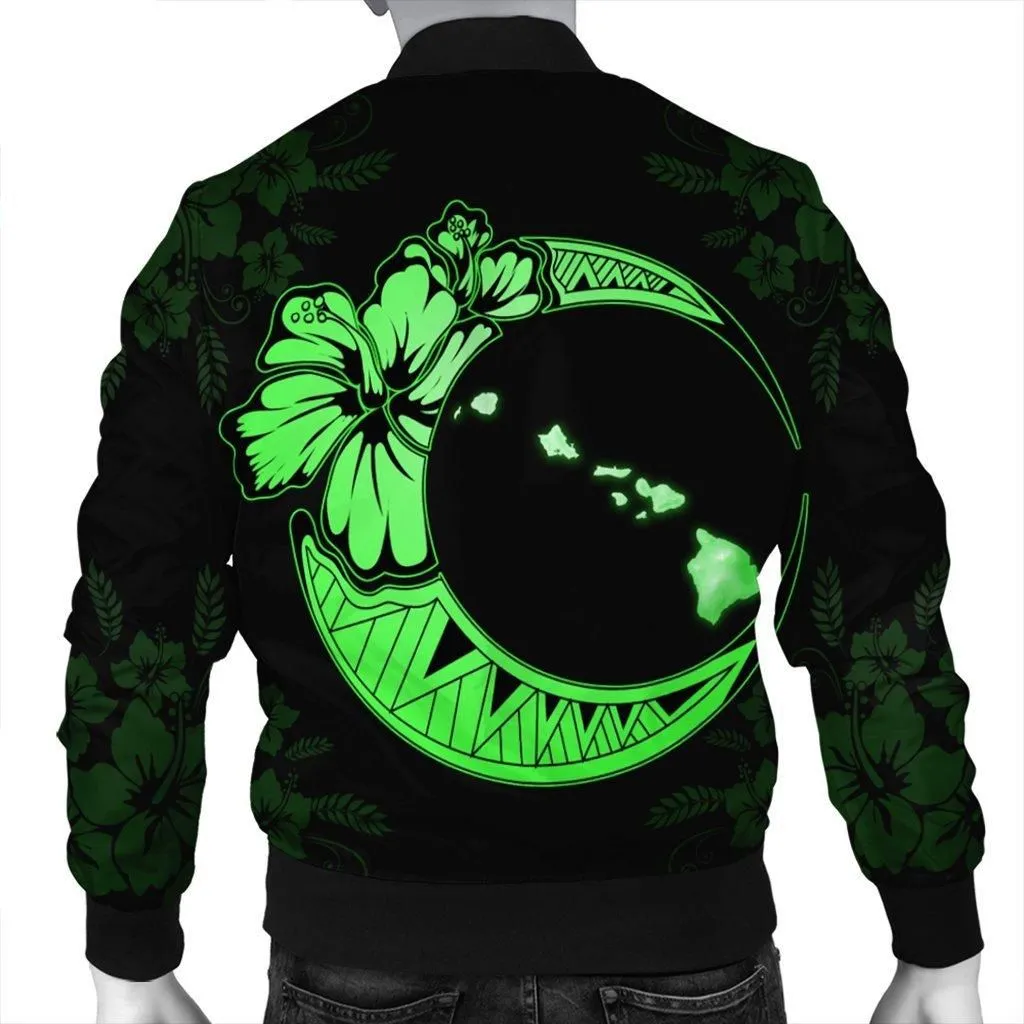 Hawaiian Map Hibiscus Turtle Polynesian Moon Bomber Jacket Green - AH