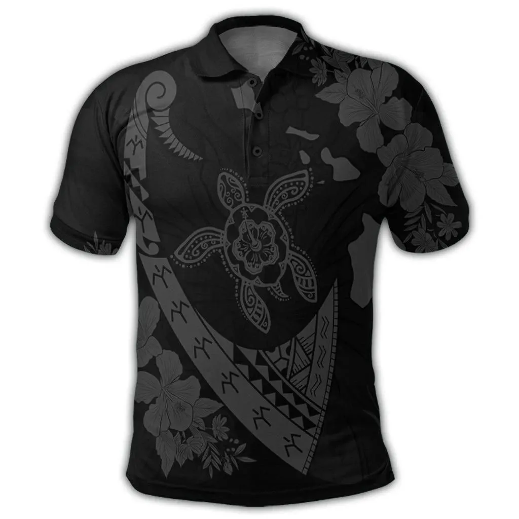 Alohawaii Shirt - Hawaiian Map Hibiscus Turtle Fish Hook Polynesian Polo Shirt Grey - AH - J5R