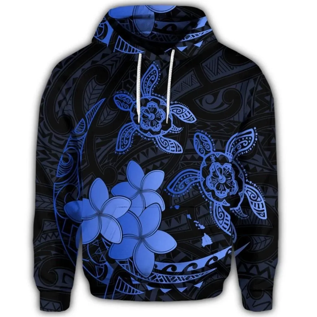 Alohawaii Hoodie - Hawaiian Polynesian Turtle Plumeria Hoodie - Pog Style Blue - AH - J4R