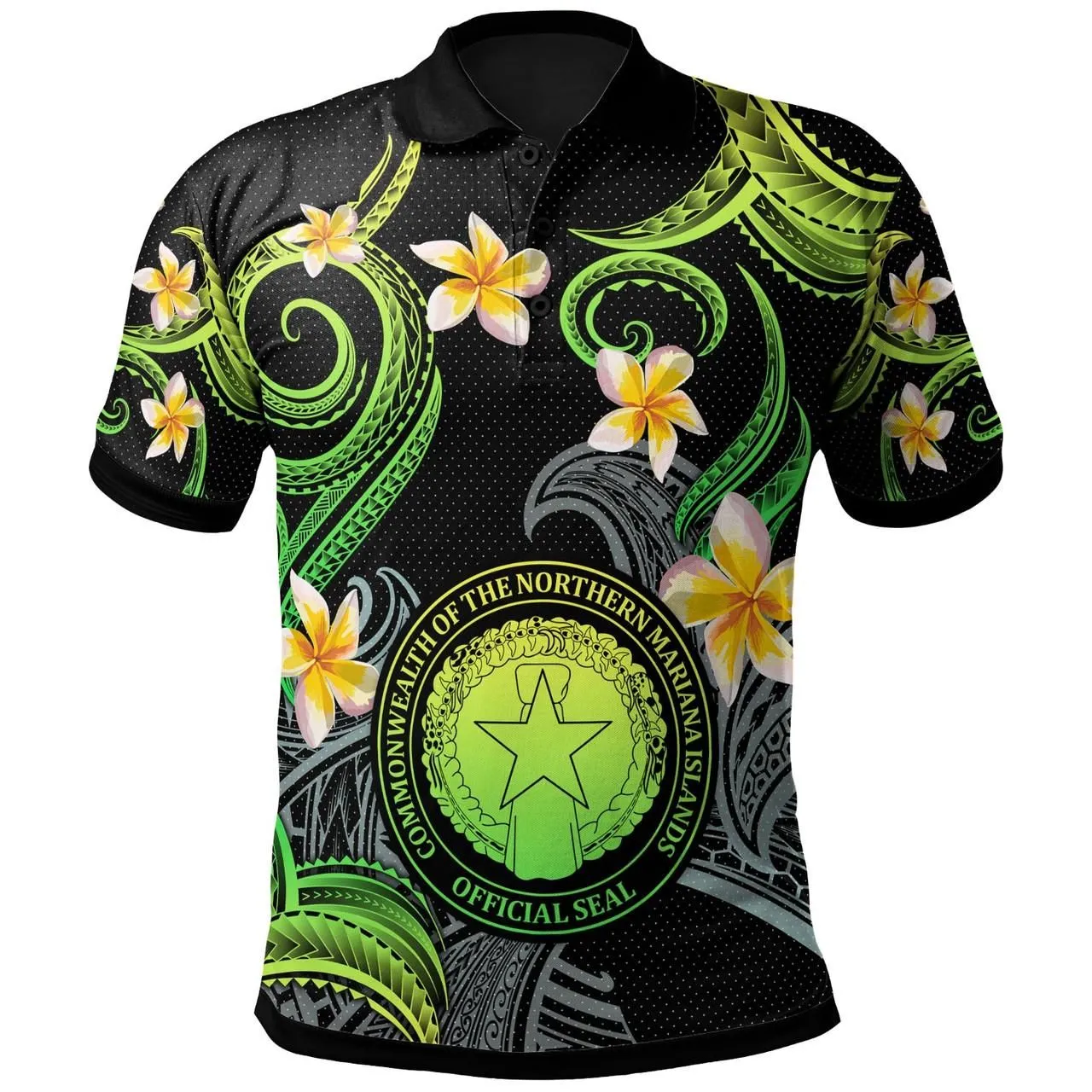 CMNI Polo Shirt - Custom Personalised Polynesian Waves with Plumeria Flowers (Green)