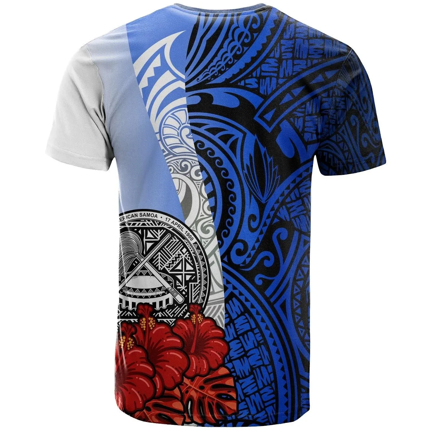 American Samoa Polynesian Custom Personalised T-shirt - Coat Of Arm With Hibiscus Blue - BN12