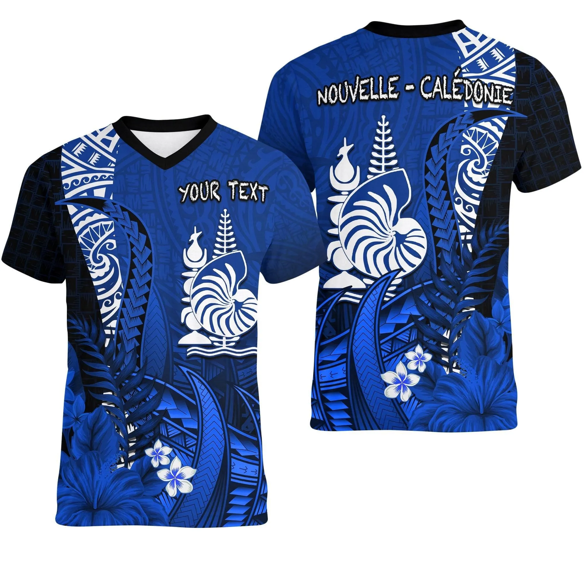 (Custom Personalised) New Caledonia V-Neck T Shirt Nautilus Blue Polynesian Hibiscus LT13