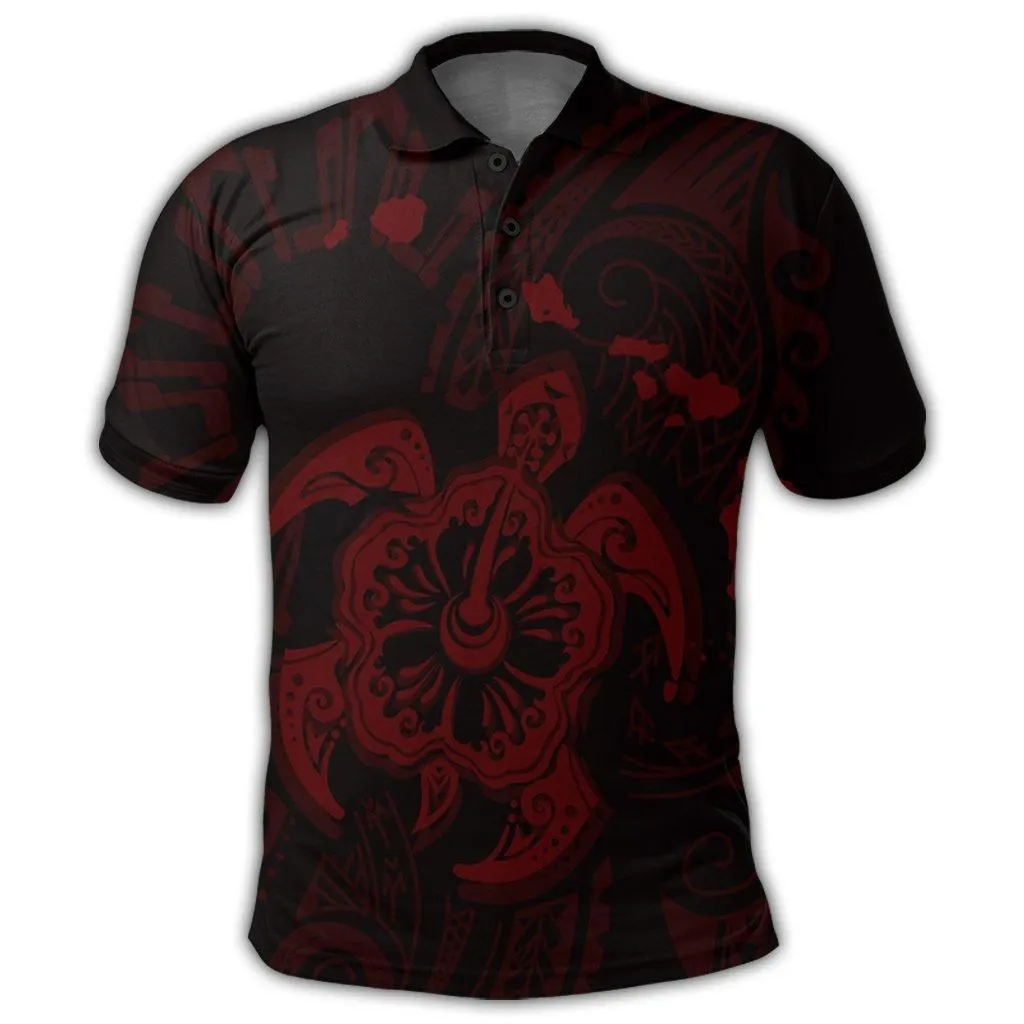 Hawaiian Map Kanaka Hibiscus Turtle Red Polynesian Polo Shirt - AH