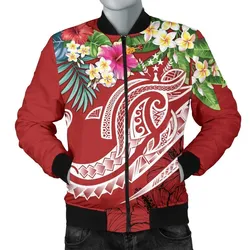 Kosrae Polynesian Mens Bomber Jacket - Summer Plumeria (Red)