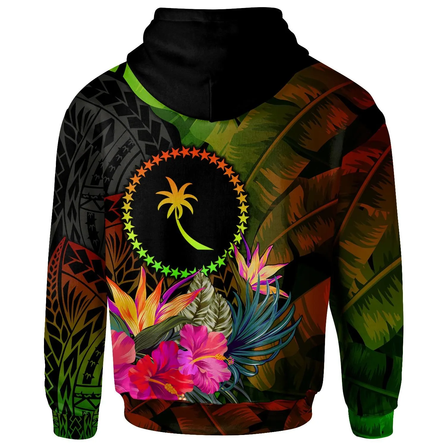 Chuuk Polynesian Hoodie -  Hibiscus and Banana Leaves