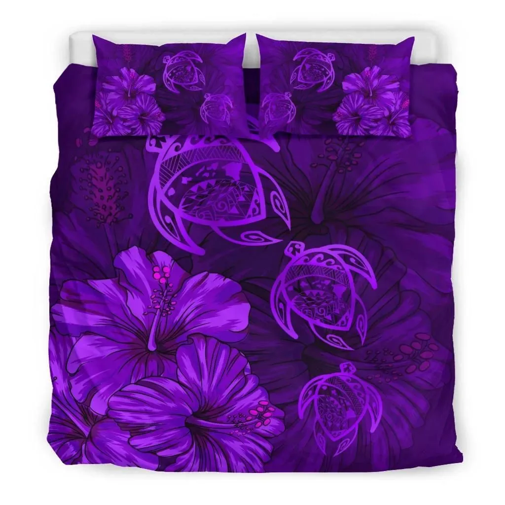 FamilyGater Home Set - Hawaiian Map Turtle Hibiscus Vintage Polynesian Bedding Set Purple - AH - J9