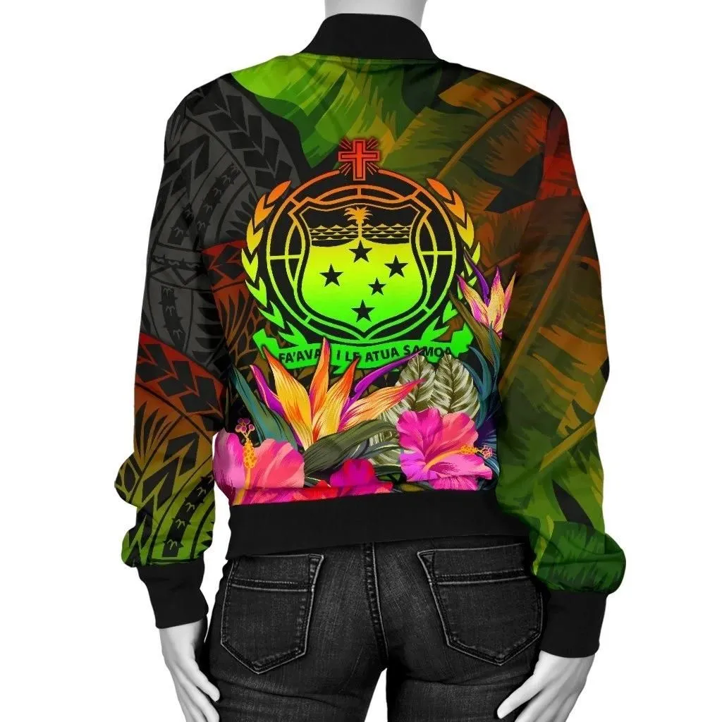Samoa Polynesian Women's Bomber Jacket -  Hibiscus and Banana Leaves - BN15