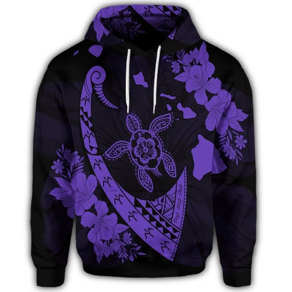 Hawaiian Map Hibiscus Turtle Fish Hook Polynesian Hoodie Purple