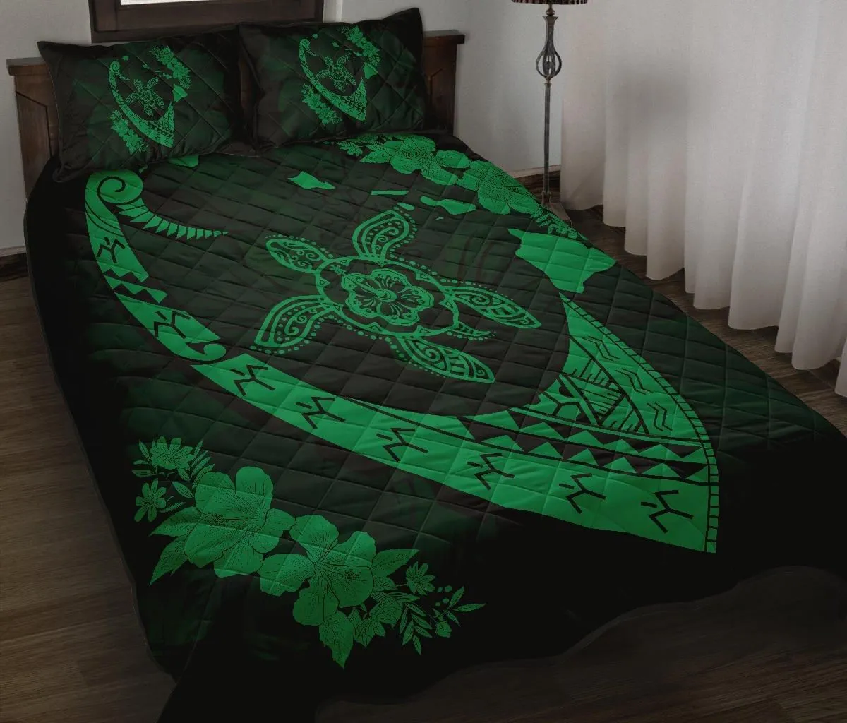 Alohawaii Home Set - Hawaiian Map Hibiscus Turtle Fish Hook Polynesian Quilt Bedding Set Green - AH - J5