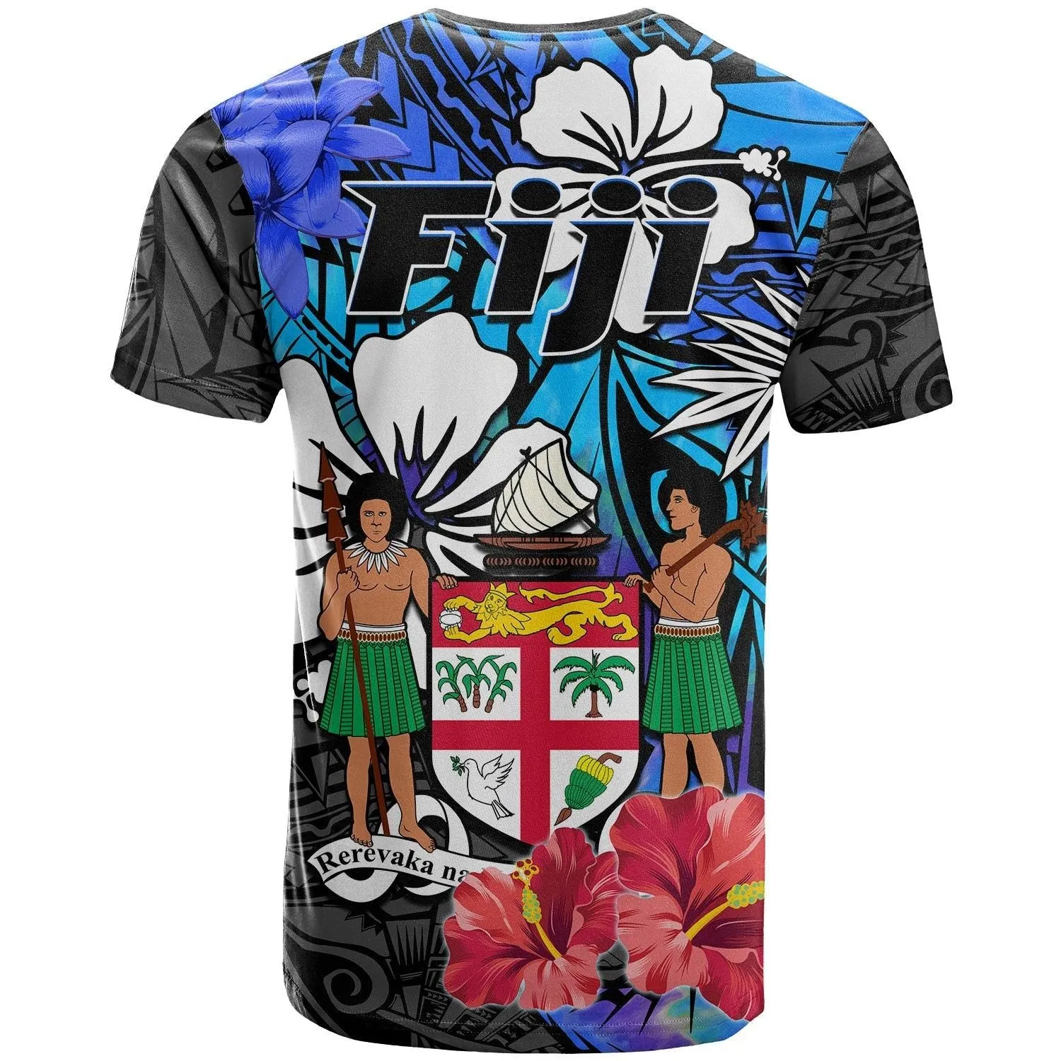 Fiji Tie Dye T Shirt Polynesian Blue Tribal Creative Tropical Flowers LT13