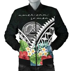 American Samoa Mens Bomber Jacket - Yap Coat of Arms & Polynesian Tropical Flowers White
