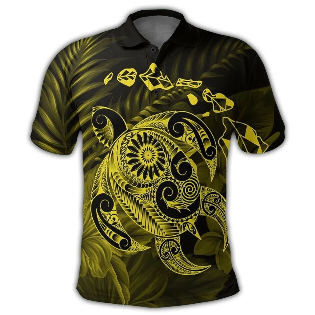 Hawaiian Map Turtle Tattoo Hibiscus Plumeria Polynesian Polo Shirt - Yellow