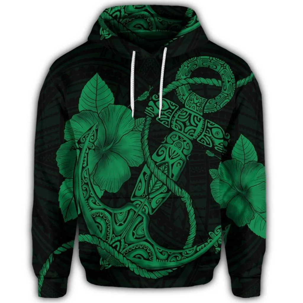 Hawaiian Anchor Poly Tribal Hibiscus Polynesian Hoodie Green