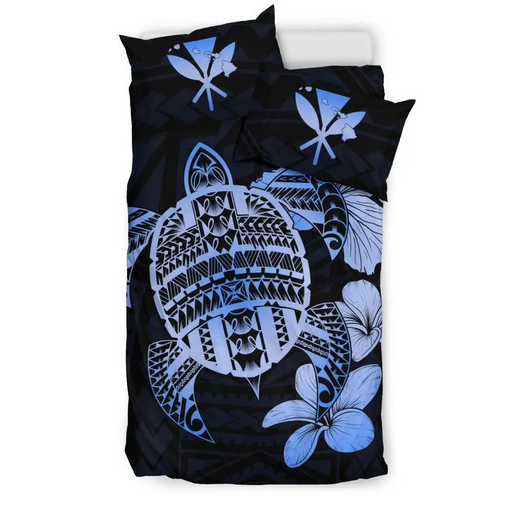 Hawaiian Kanaka Hibiscus Plumeria Mix Polynesian Turtle Bedding Set Blue