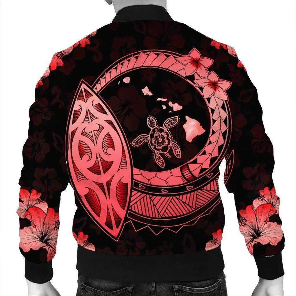 Hawaii Turtle Hibiscus Map Polynesian Bomber Jacket Red