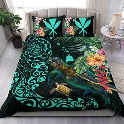 Hawaii Tiki Polynesian Bedding Set - Turtle Mix Hibiscus Turquoise