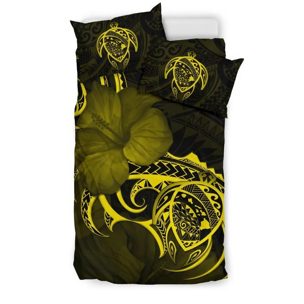 Hawaiian Map Turtle Hibiscus Divise Yellow Polynesian Bedding Set