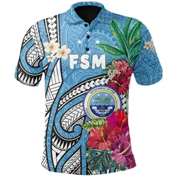 Federated States of Micronesia Polo Shirt Blue Polynesian with Hibiscus TH5