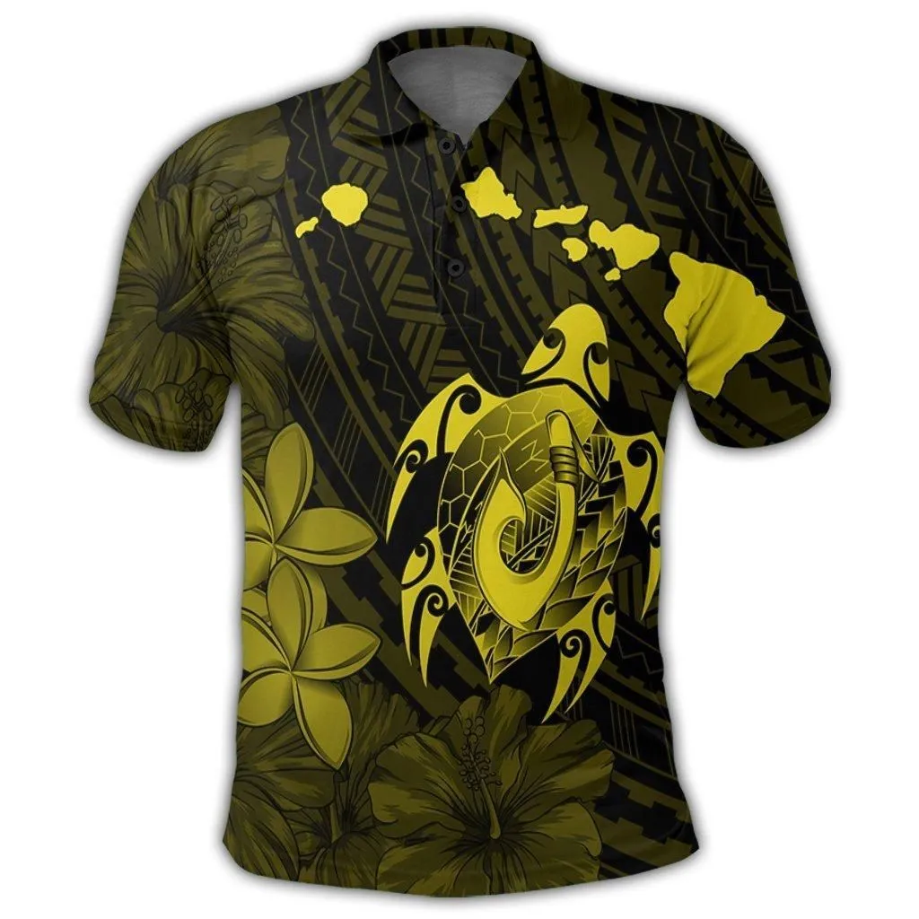 Hawaiian Map Turtle Plumeria Hibiscus Fish Hook Polynesian Polo Shirt Yellow