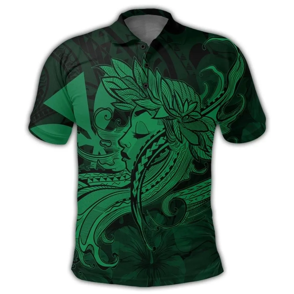 Alohawaii Shirt - Hawaiian Map Hula Girl Hibiscus Kanaka Polynesian Polo Shirt - Green - AH - J4R