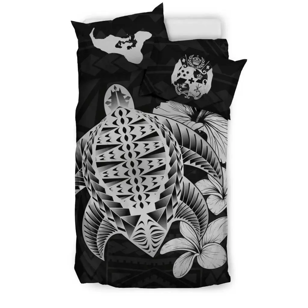 Alohawaii Bedding Set - Cover and Pillow Cases Tongan Hibiscus Plumeria Mix Polynesian Turtle Gray J1