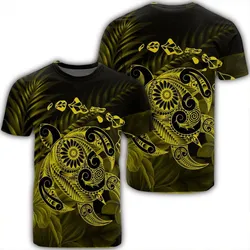Hawaiian Map Turtle Tattoo Hibiscus Plumeria Polynesian T-Shirt - Yellow - AH