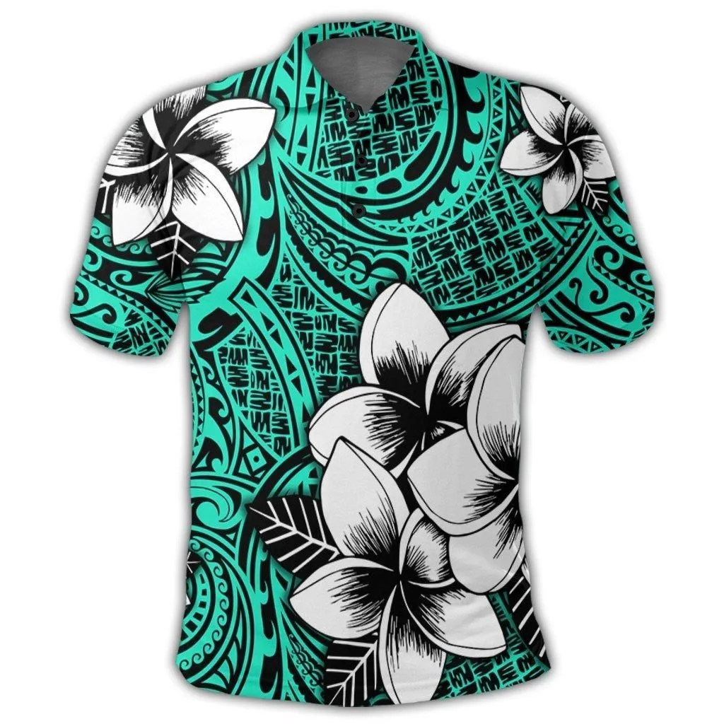 Hawaiian Plumeria Tribe Turquoise Polynesian Polo Shirt