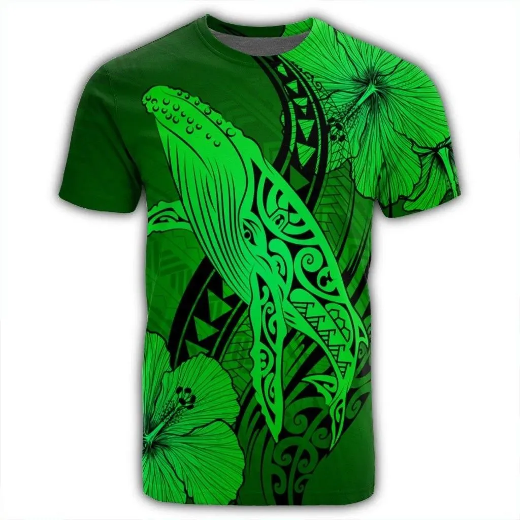 Alohawaii Tee - Hawaiian Map Whale Swim Hibiscus Polynesian T-shirt Green - AH - J6R
