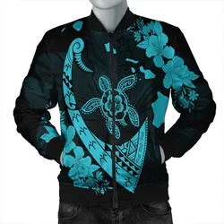 Hawaiian Map Hibiscus Turtle Fish Hook Polynesian Bomber Jacket Blue - AH
