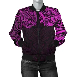 New Zealand Womens Bomber Jacket, Maori Polynesian Tattoo Purple