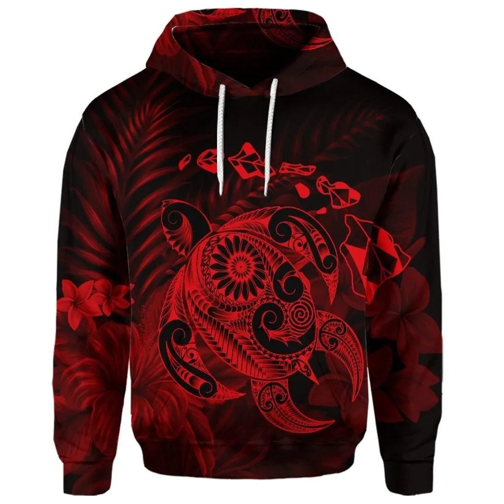 (Personalised) Hawaiian Map Turtle Tattoo Hibiscus Plumeria Polynesian Hoodie - Red