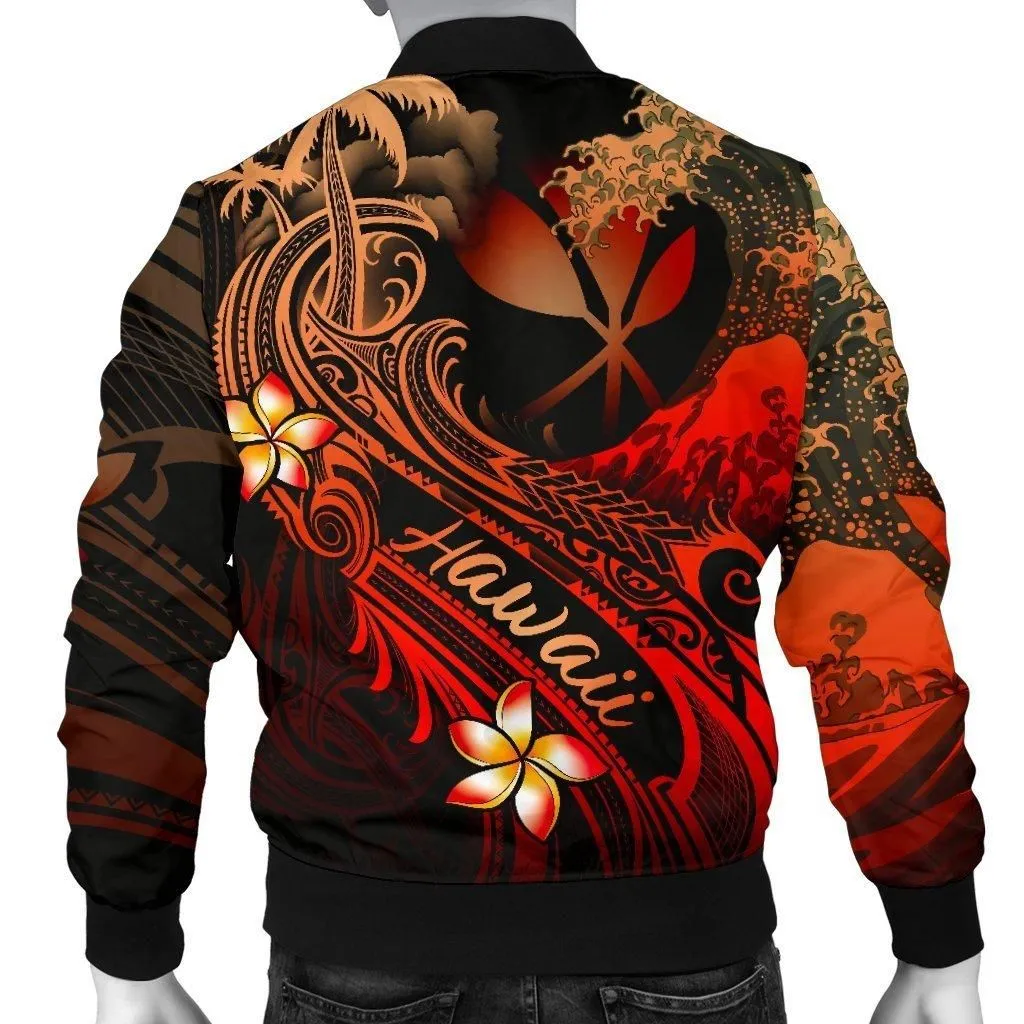 Hawaii Polynesian Mens Bomber Jacket - Plumeria Flowers And Waves