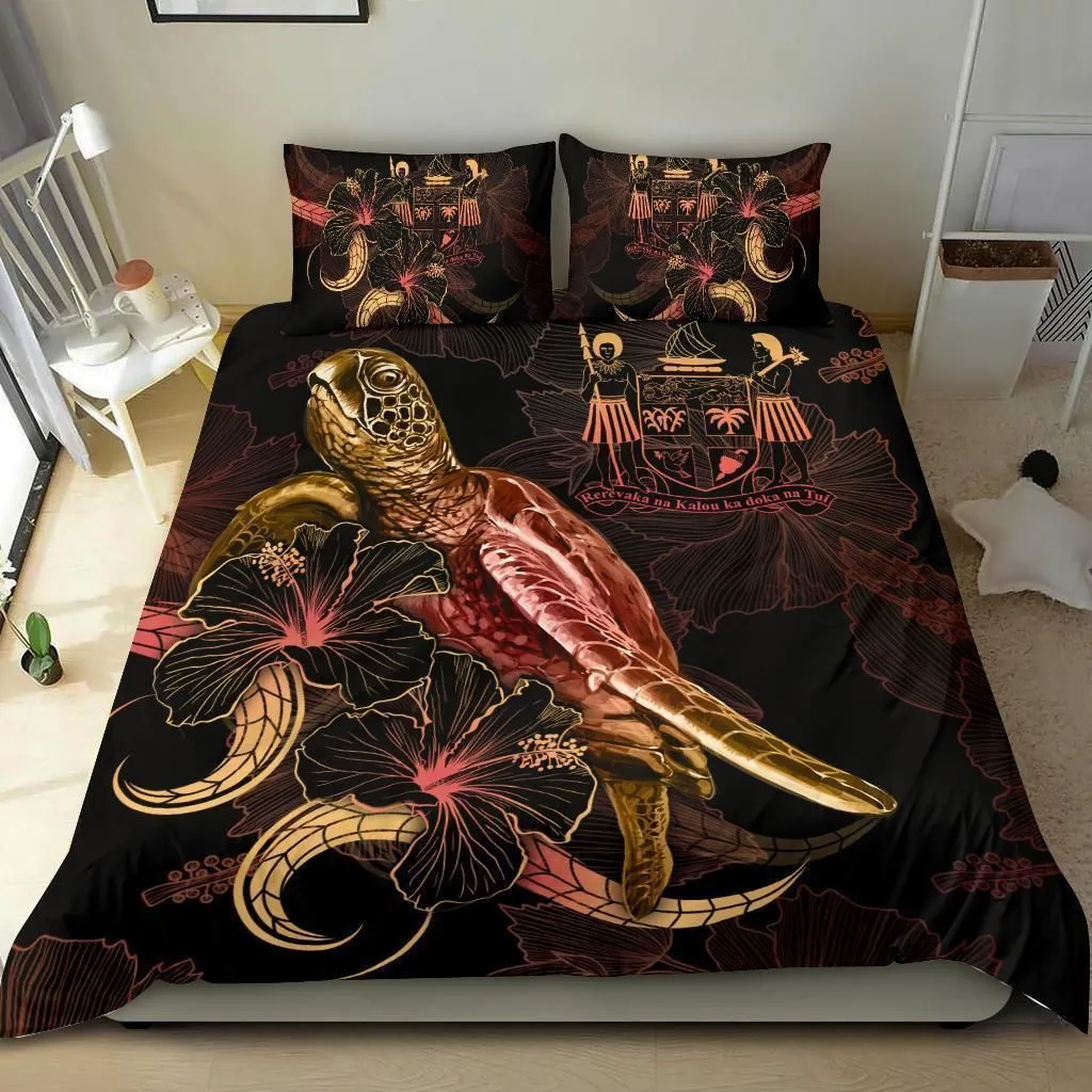FiJi Polynesian Bedding Set - Turtle With Blooming Hibiscus Gold