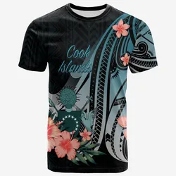 Cook Islands T-Shirt - Turquoise Polynesian Hibiscus Pattern Style