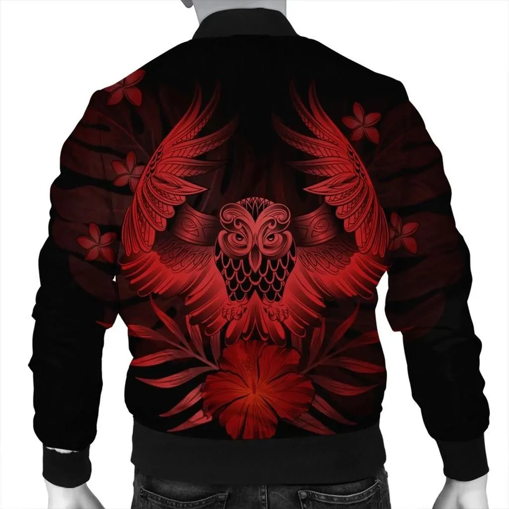 Alohawaii Jacket - Hawaiian Owl Hibiscus Plumeria Polynesian Bomber Jacket - Red - AH - J4R